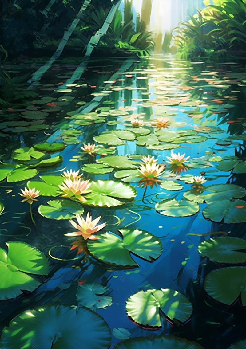 深林中荷塘荷花盛开美景插画绿色背景,插画/手绘图,插画/手绘图库,插画/手绘图下载,插画/手绘